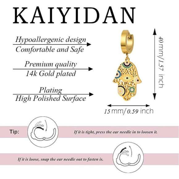 Gold Evil eye handle shaped Dangle Statement Vintage Cute Long Earring for Women - Picture 4 of 9